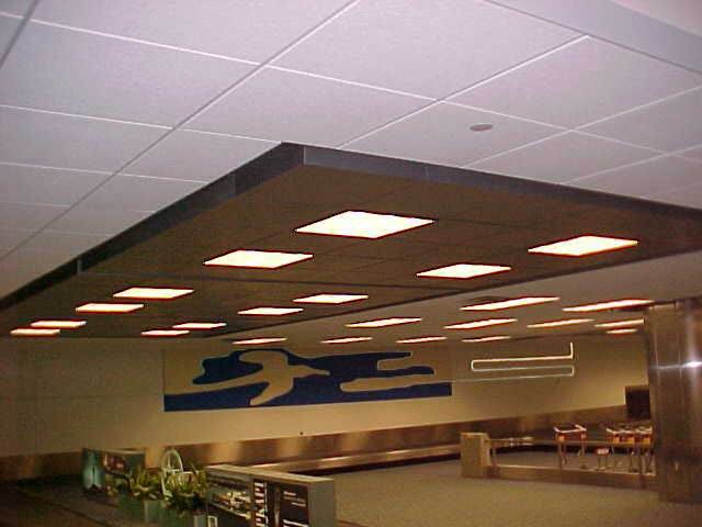 Warm-accent ceiling in a public concourse