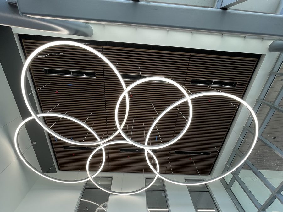 Atrium feature lighting and wood ceiling installation