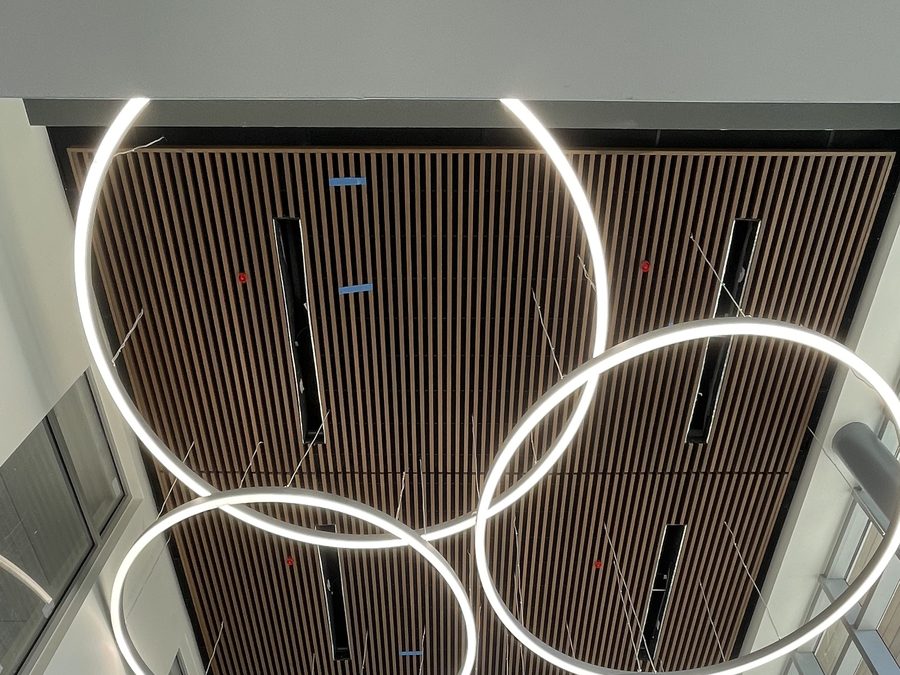 Circular feature lighting beneath a wood slat ceiling