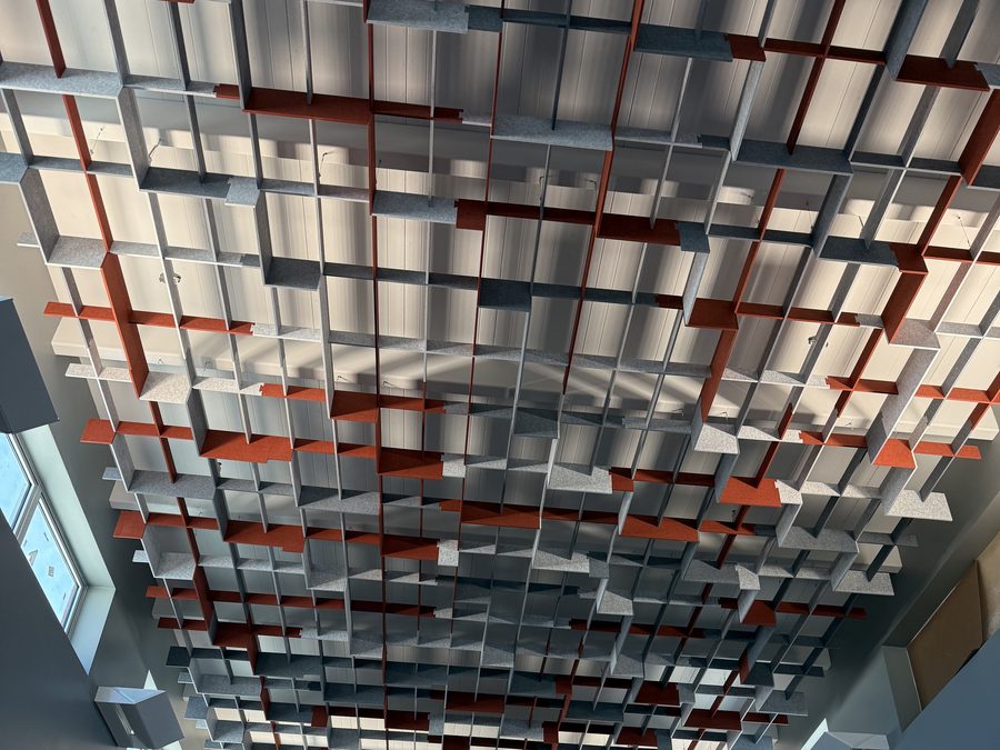 Acoustical baffle array installation in progress