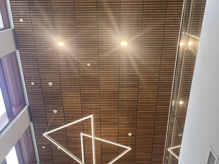 Wood slat atrium ceiling with geometric feature lighting